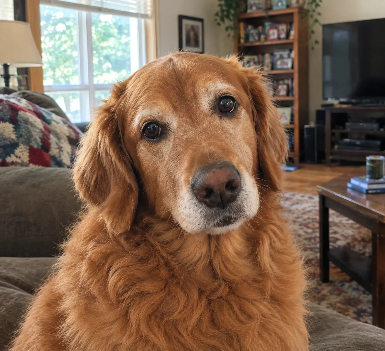 An everyday phone snapshot of a dog indoors, with a cluttered room behind it.