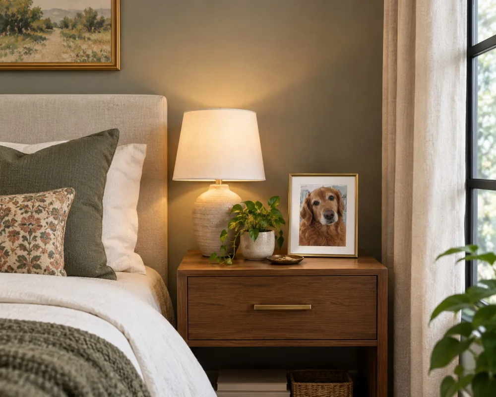 A pet portrait from this tool, framed and hung in a room scene (1 of 4).