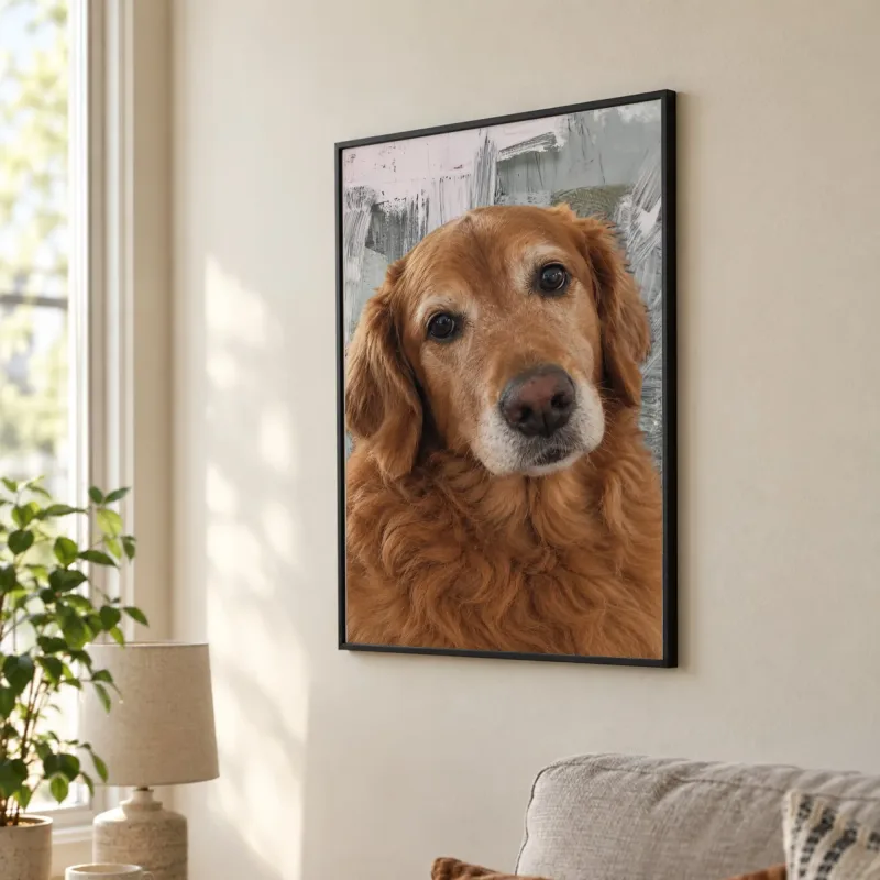 A pet portrait from this tool, framed and hung in a room scene (2 of 4).