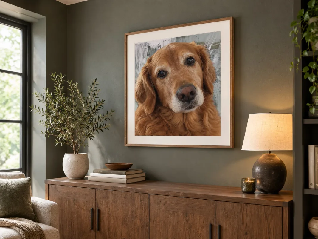 A pet portrait from this tool, framed and hung in a room scene (3 of 4).