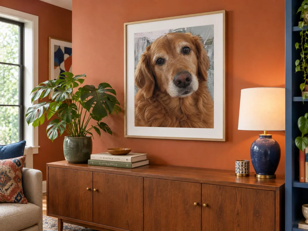 A pet portrait from this tool, framed and hung in a room scene (4 of 4).